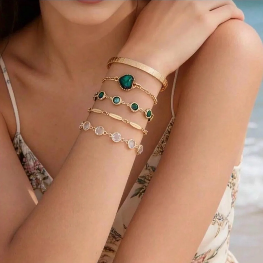 Gold and Emerald Multi-Layer Bracelet Set - Elegant Women's Jewelry